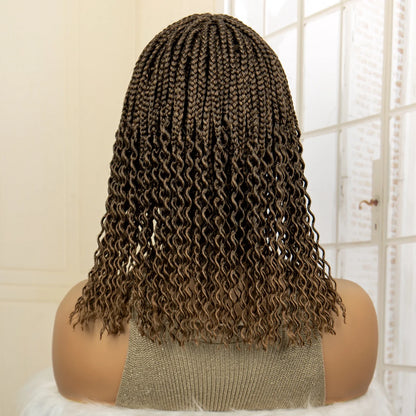 Short 14" Bob Braided Wig | Curly Knotless Box Braids | Synthetic Machine Made Wig | For Black Women