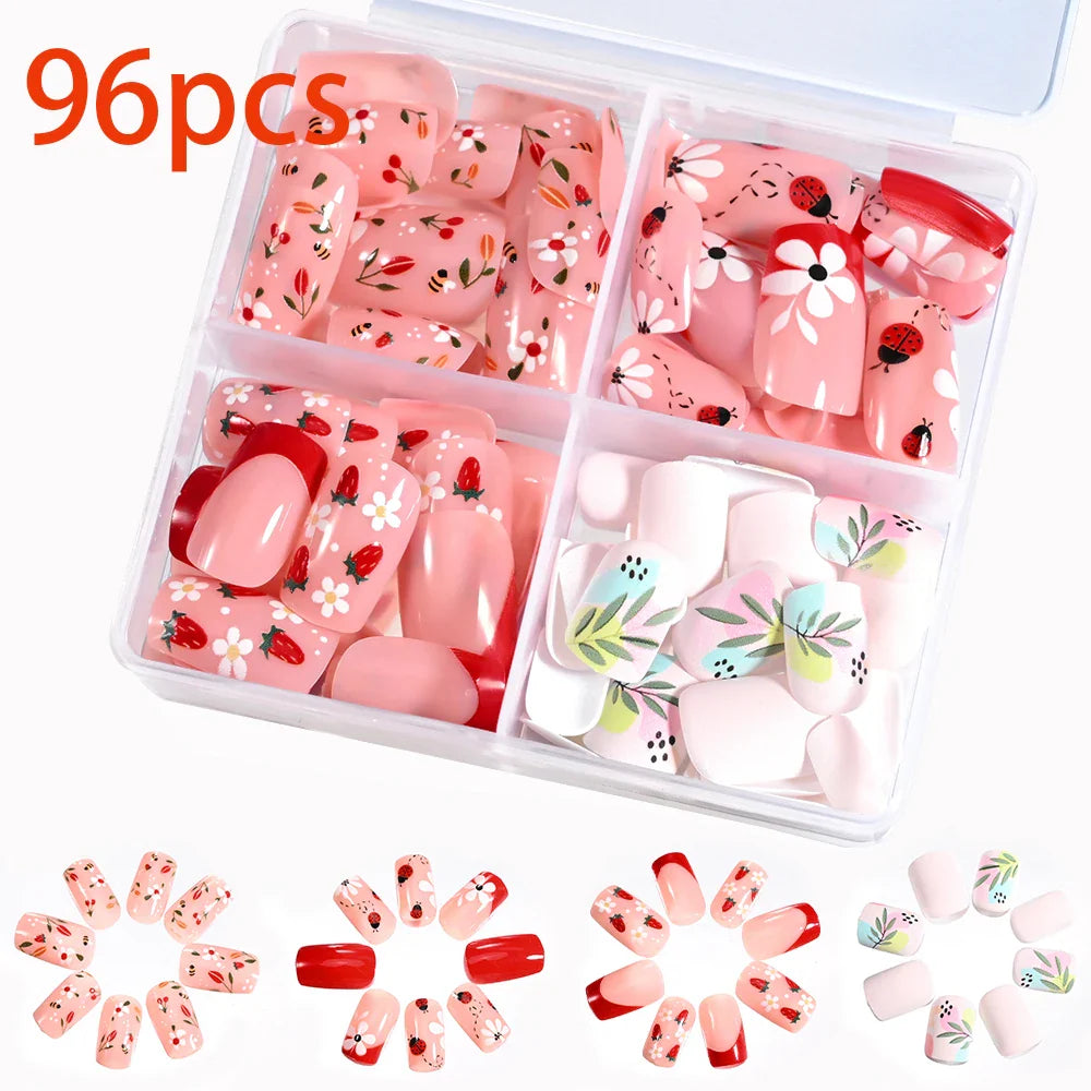 576pcs/Box Colorful Fake Nails Black Red Design, Oval Short Square Press On Mixed Full Cover Nail Tips.