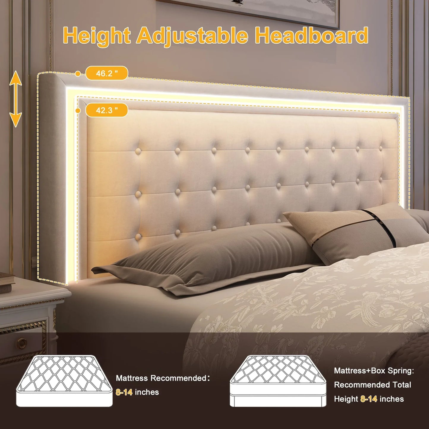 Queen LED Bed Frame, 4 Storage Drawers, Headboard, No Box Spring Needed