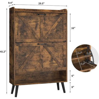 Rustic Brown Slim Shoe Cabinet with 2 Flip Drawers and Wooden Legs for Entryway Storage