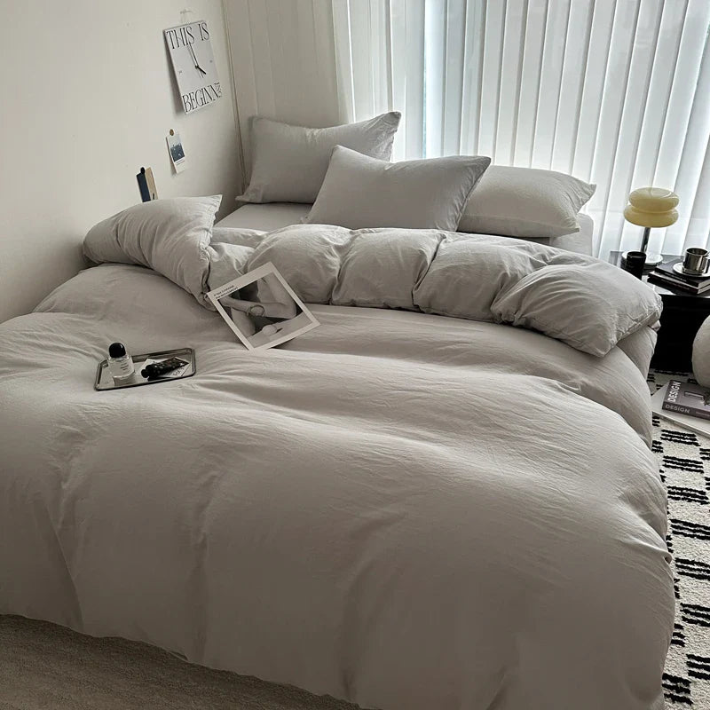 Bed Linen Solid Cotton Bedding Set, with Sheet, Duvet Cover, Pillowcases. Single Couple Bedsheet King, Queen Double Twin Size