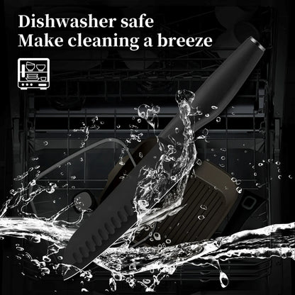 15-piece kitchen stainless steel knife set with knife holder, space-saving storage, full handling of ingredients.