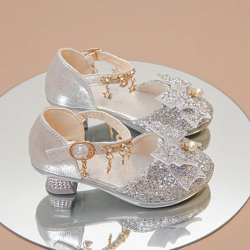 Girls High Heeled Leather Shoes, High Heels for Wedding, with Bow-knot Pendant.