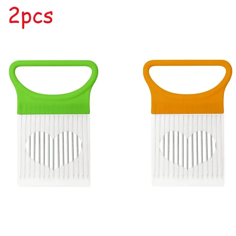 1/2/3/4pcs Effortlessly, Slice Onions with this 1pc Colorful Onion Slicer stainless steel potato chip onion holder.