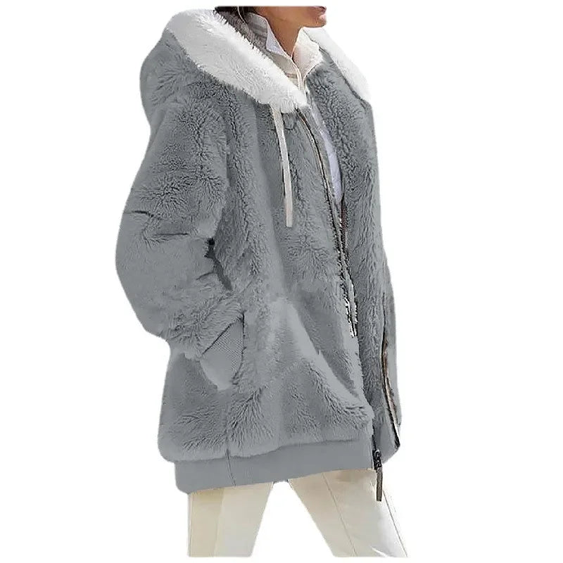Fashion Women's Coat, Hooded Zipper Lady Cashmere Fleece Jacket.