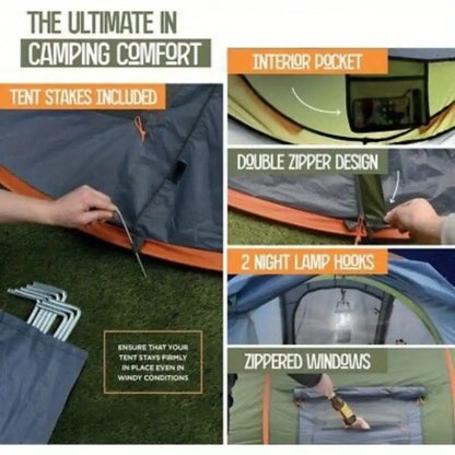 Camping Tent - 4-Person Easy Pop Up Tent with 2 Doors Waterproof