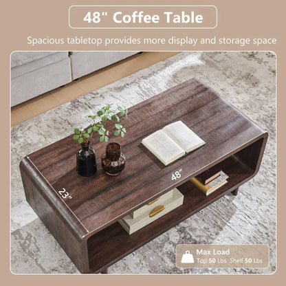 48" Modern Coffee Table, 2-Tier Minimalist Design with Storage Shelf, Curved Profile for Living Room.