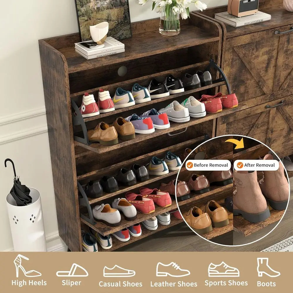 Rustic Brown Slim Shoe Cabinet with 2 Flip Drawers and Wooden Legs for Entryway Storage