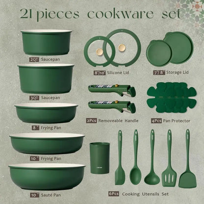 21Pcs Ceramic Cookware Set, Pots and Pans Non stick, Non Toxic Cookware Detachable Handle.
