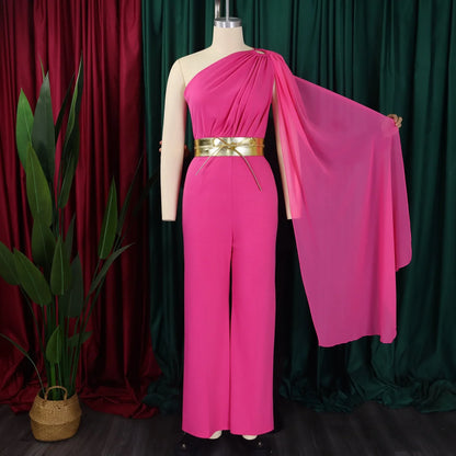Elegant Jumpsuits & Rompers for Woman, One Shoulder Flying Sleeve High Waisted Luxury Dinner Outfits.