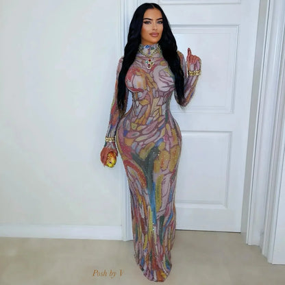 Designer Performance Outfit, Long Sleeve Water-Media Net, Diamond-Heated Sexy High-Elastic Birthday, Dance, Party Gown.