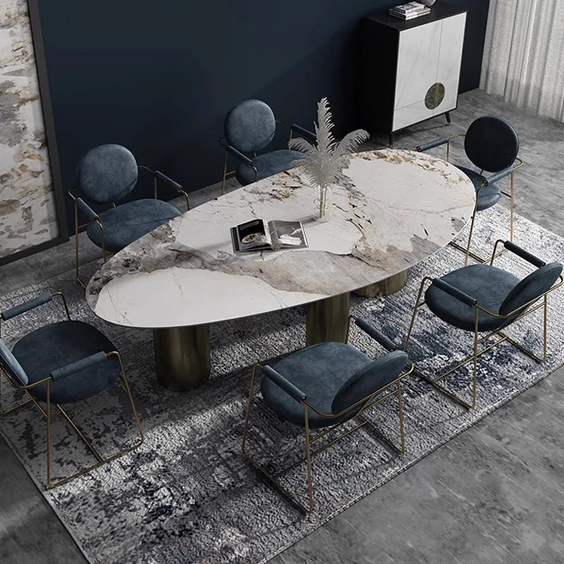 Italian Luxury Stainless Steel Dining Table,  Stone Tabletop, Easy-Clean