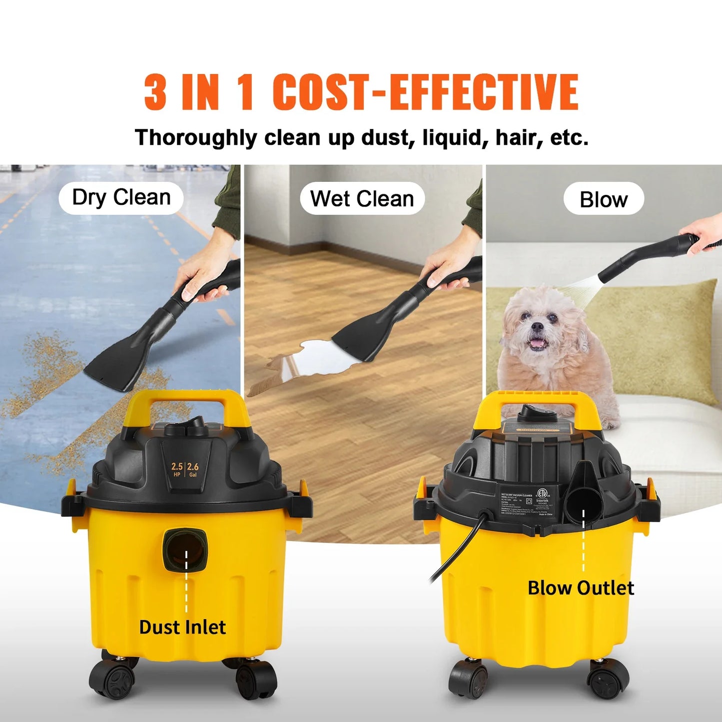 Wet Dry Vac 2.6 Gallon 2.5 Peak HP, 3 in 1 Portable Shop Vacuum with Blowing Function.