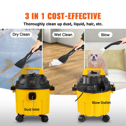 Wet Dry Vac 2.6 Gallon 2.5 Peak HP, 3 in 1 Portable Shop Vacuum with Blowing Function.
