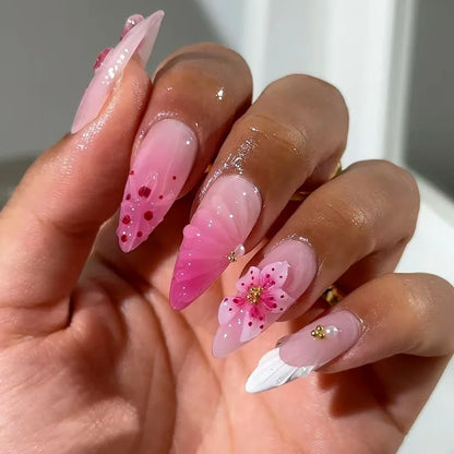 24Pcs Mid-length Almond Press on Fake Nails,3D Ripple Heart ,Pearl Star, Blue Smudge Detachable Full Cover Nails Tips.