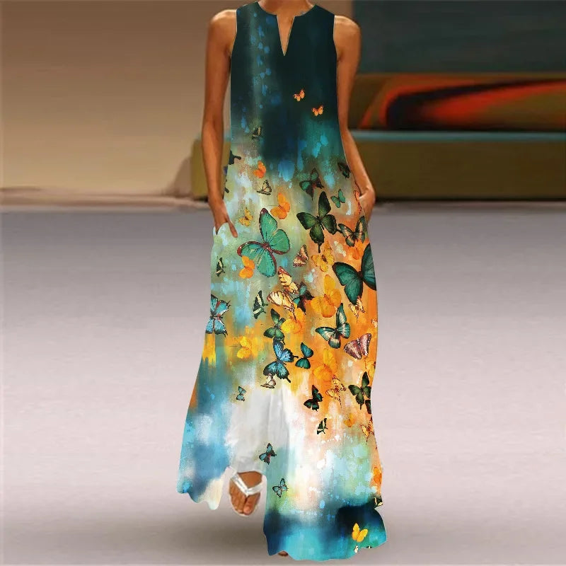 Elegant Sleeveless Women Dress, Vintage Print Loose Long Maxi Dresses Lady V Neck Pocket Sundress Plus Size