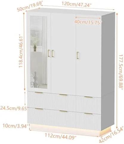 Armoire Wardrobe Closet with 3 Door, Mirror and LED Lights, Hanging Rod, Drawers.