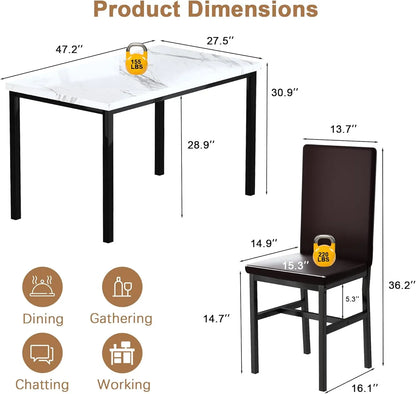 Dining Table Set for 4, Modern Kitchen & Dining Room Sets, Faux Marble Table with 4 Leather Chairs.