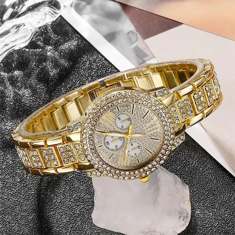 Women's Quartz Watch Gold  Women Ring Necklace Earring  Jewelry Set.