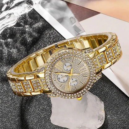 Women's Quartz Watch Gold  Women Ring Necklace Earring  Jewelry Set.