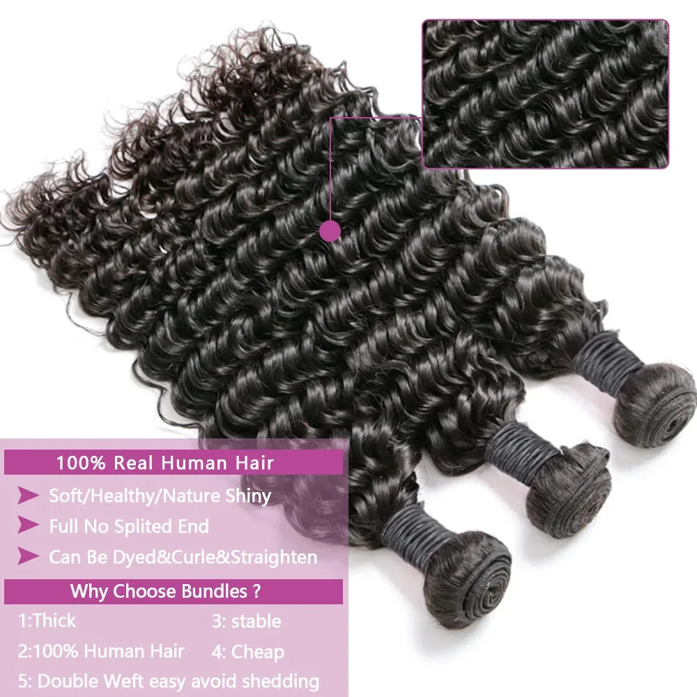 Queenlike Deep Wave Human Hair Bundles, 24 26 28 inch Deep Curly Bundles 100% Human Hair for Women, Brazilian Raw Hair Extensions.