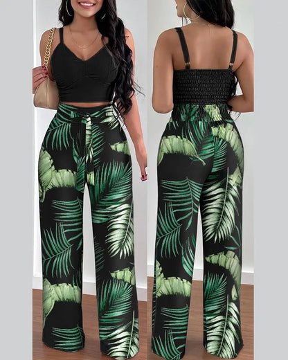 2 Piece Outfits For Women 2025 Sexy V-Neck Strap Shirred Slim Crop Top & Lace-up Wide Leg Pants Sets.