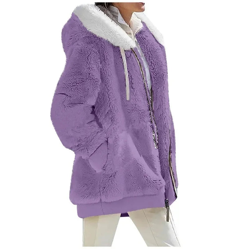 Fashion Women's Coat, Hooded Zipper Lady Cashmere Fleece Jacket.