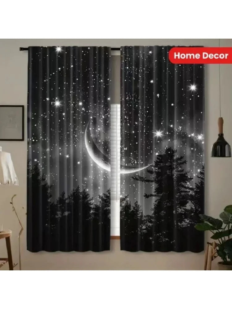2pcs Starry Moon Forest Polyester Curtains - Set of Two Window Treatments.