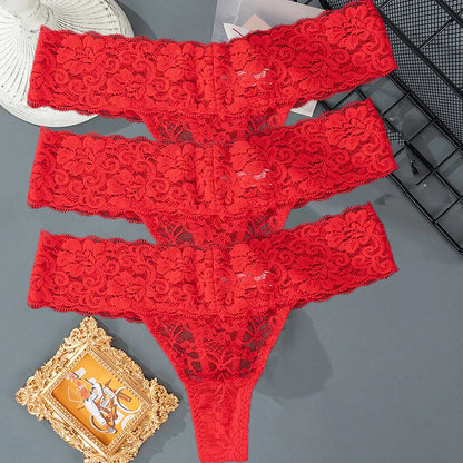 3PCS Lace Floral Women Panties ,Low Waist Breathable Briefs Female Thong Underwear M-2XL Sexy G-String Transparent Panty.