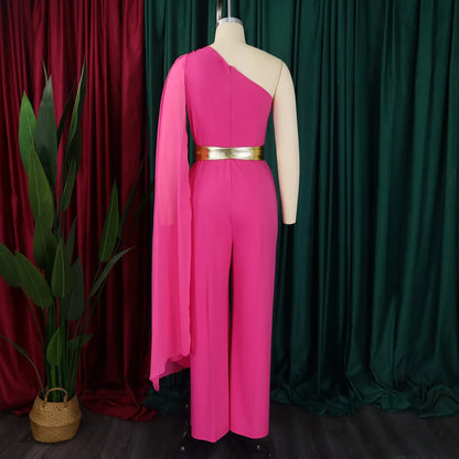 Elegant Jumpsuits & Rompers for Woman, One Shoulder Flying Sleeve High Waisted Luxury Dinner Outfits.