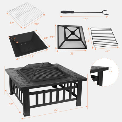 Steel Fire Pits for Outside, 32'' Square Wood Burning Fire Pit Table.