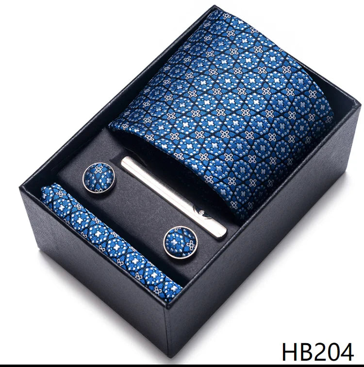 8 cm Wide Tie Sets Blue Solid Men's Neck Tie Handkerchief Cufflinks Clip Gift Silk Handmade