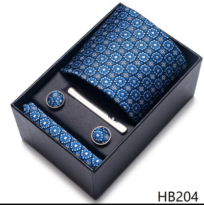 8 cm Wide Tie Sets Blue Solid Men's Neck Tie Handkerchief Cufflinks Clip Gift Silk Handmade