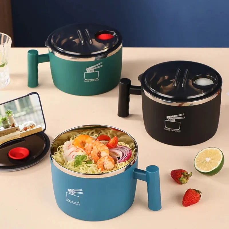 Stainless Steel Bowl With Lid For Instant Noodles, Sealed And Portable Drain Bowl For Kitchen.