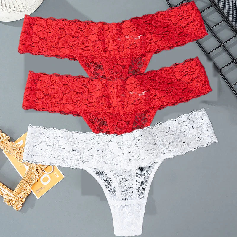 3PCS Lace Floral Women Panties ,Low Waist Breathable Briefs Female Thong Underwear M-2XL Sexy G-String Transparent Panty.
