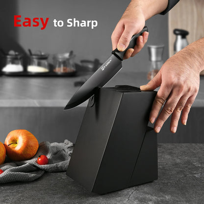 15 Pieces Carbon Steel Kitchen Knife Block Set, Built-in Knife Sharpener, Non-Slip PP+TPR Handles, 6 Steak Knives.