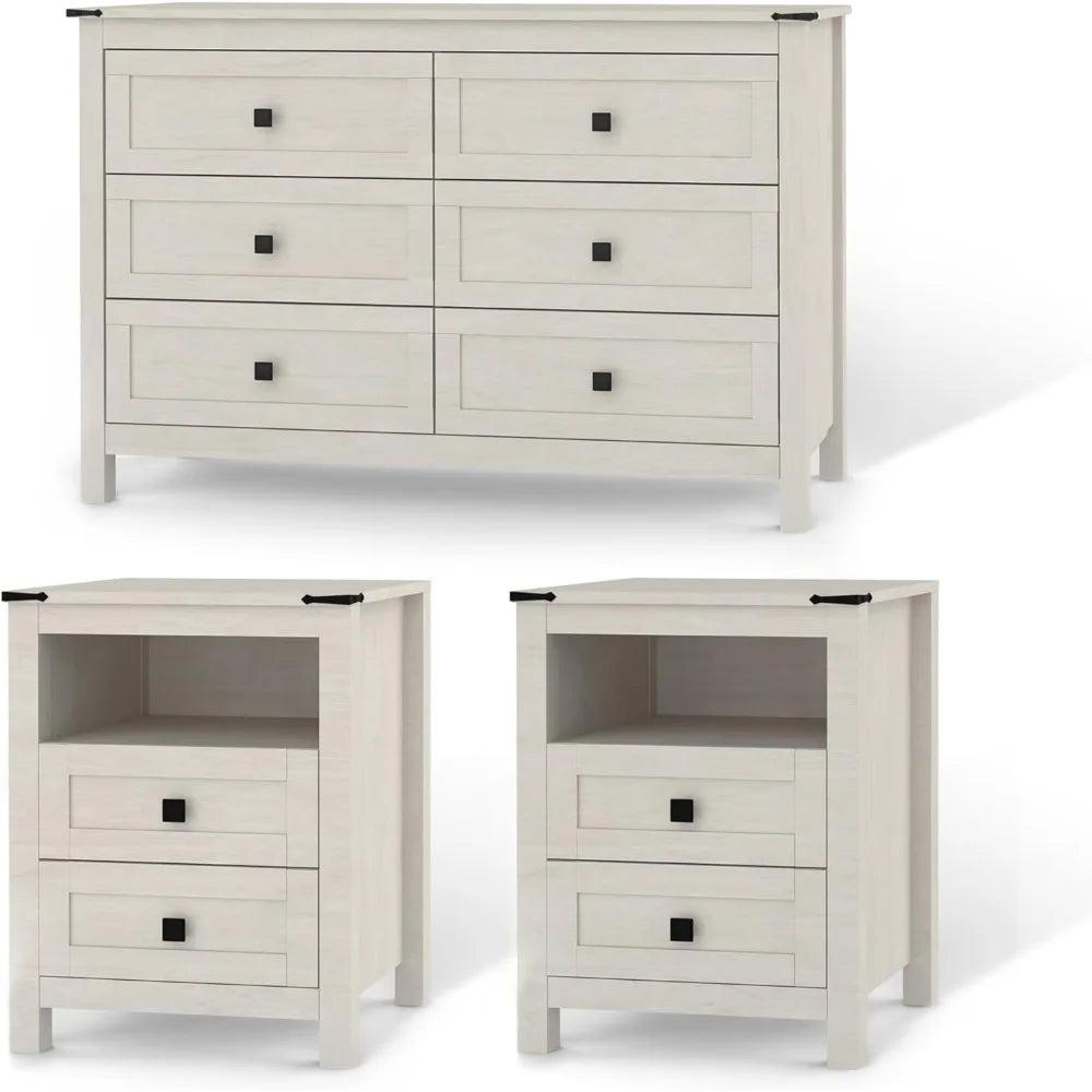 3 Pieces Bedroom Furniture Set, Rustic Wood 6 Drawer Dresser and Nightstands, Chest of Drawers.