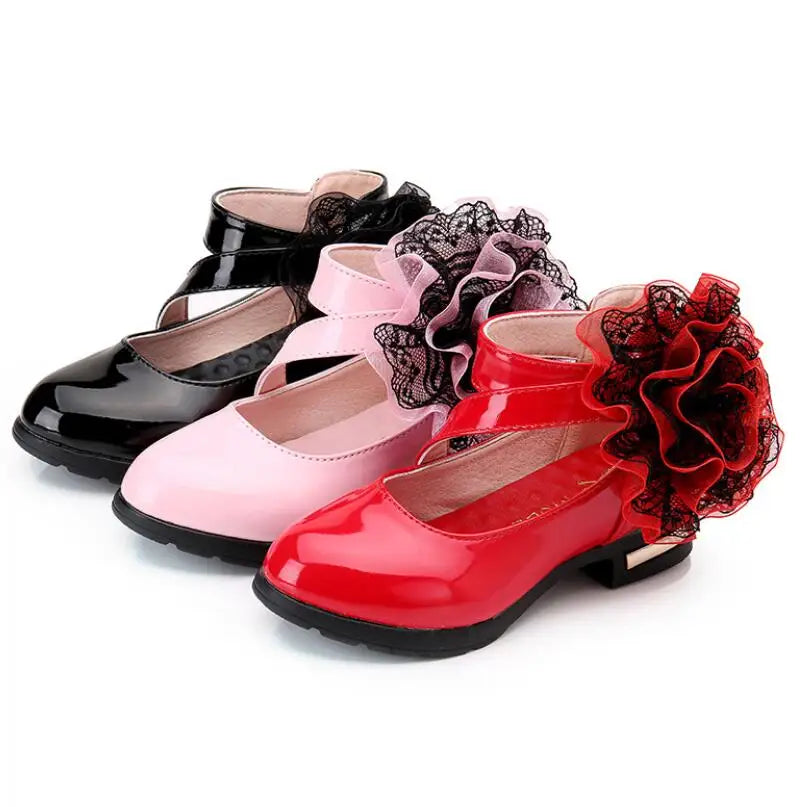 Girls High Heel Princess Flower Shoes, Fashion Children Shoes Leather Girls.