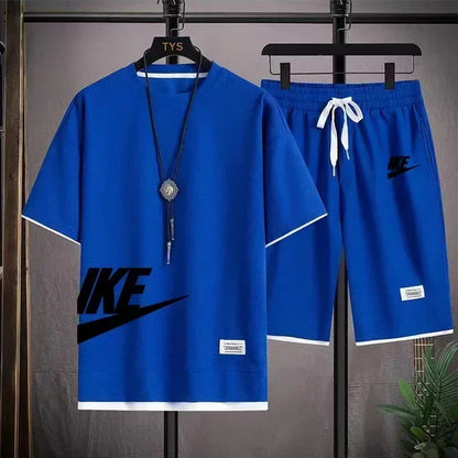 summer men casual short sleeved T-shirt shorts sports set, outdoor breathable jogging shorts 2-piece set.