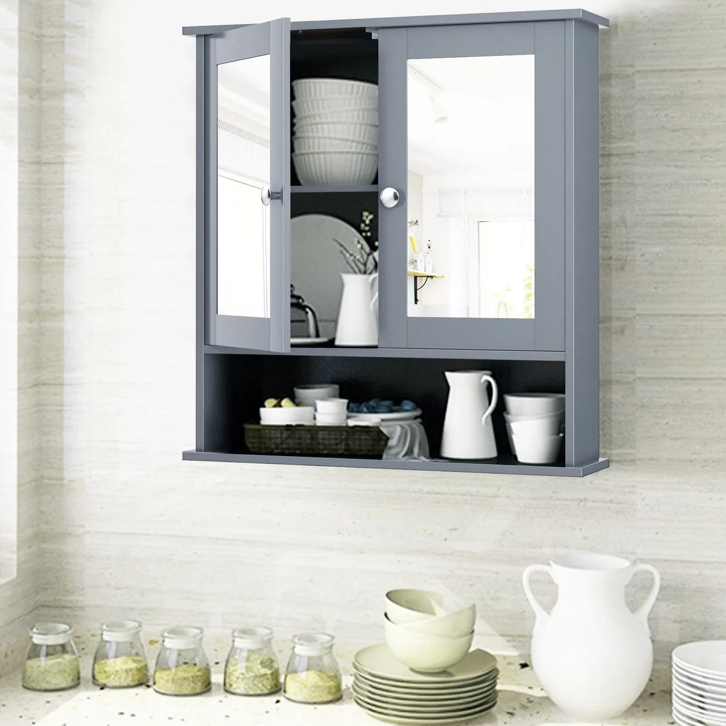 Wall Mount Mirror Cabinet Bathroom, Medicine Cabinet Organizer Grey.