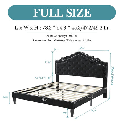 Bed Frame with Adjustable Velvet Tiara Headboard, Upholstered Diamond Button.