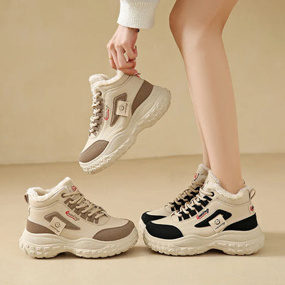 Winter high-top cotton shoes with fleece for women, outdoor casual sports, slip-resistant and durable.