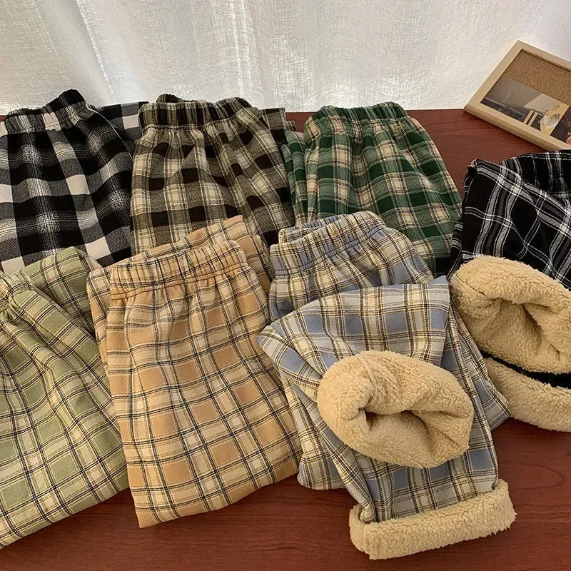 Warm Plush Pants, Cashmere Thick Plaid Ladies Winter Loose Wide-legged Pants