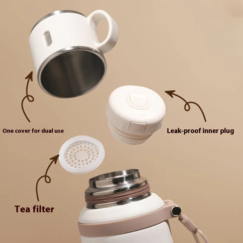 600ML Stainless Steel Insulated Bottle, with Cup Lid Rope Handle, Office, Home ,Portable Thermos Cup.
