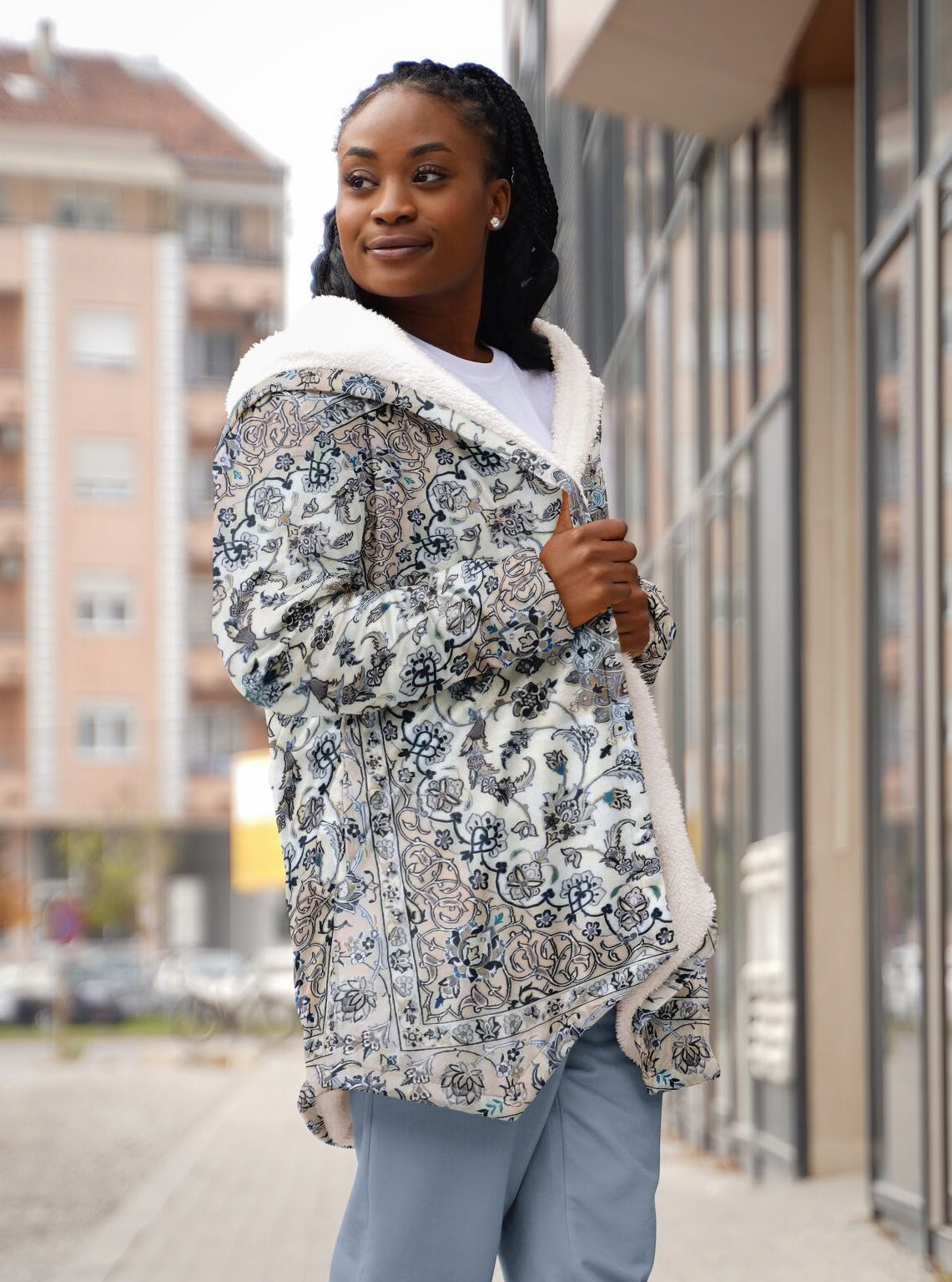 Classic Persian Carpet Cuddle Cloak | Nain, Cream and Soft Blue | Unisex Minky Sherpa Hooded Coat | Women and Mens Festival Coat | Mountain Fashion