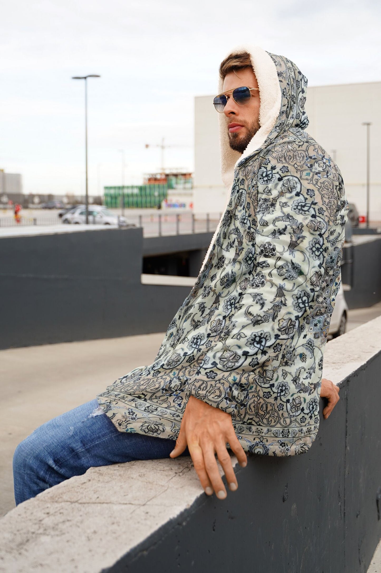 Classic Persian Carpet Cuddle Cloak | Nain, Cream and Soft Blue | Unisex Minky Sherpa Hooded Coat | Women and Mens Festival Coat | Mountain Fashion