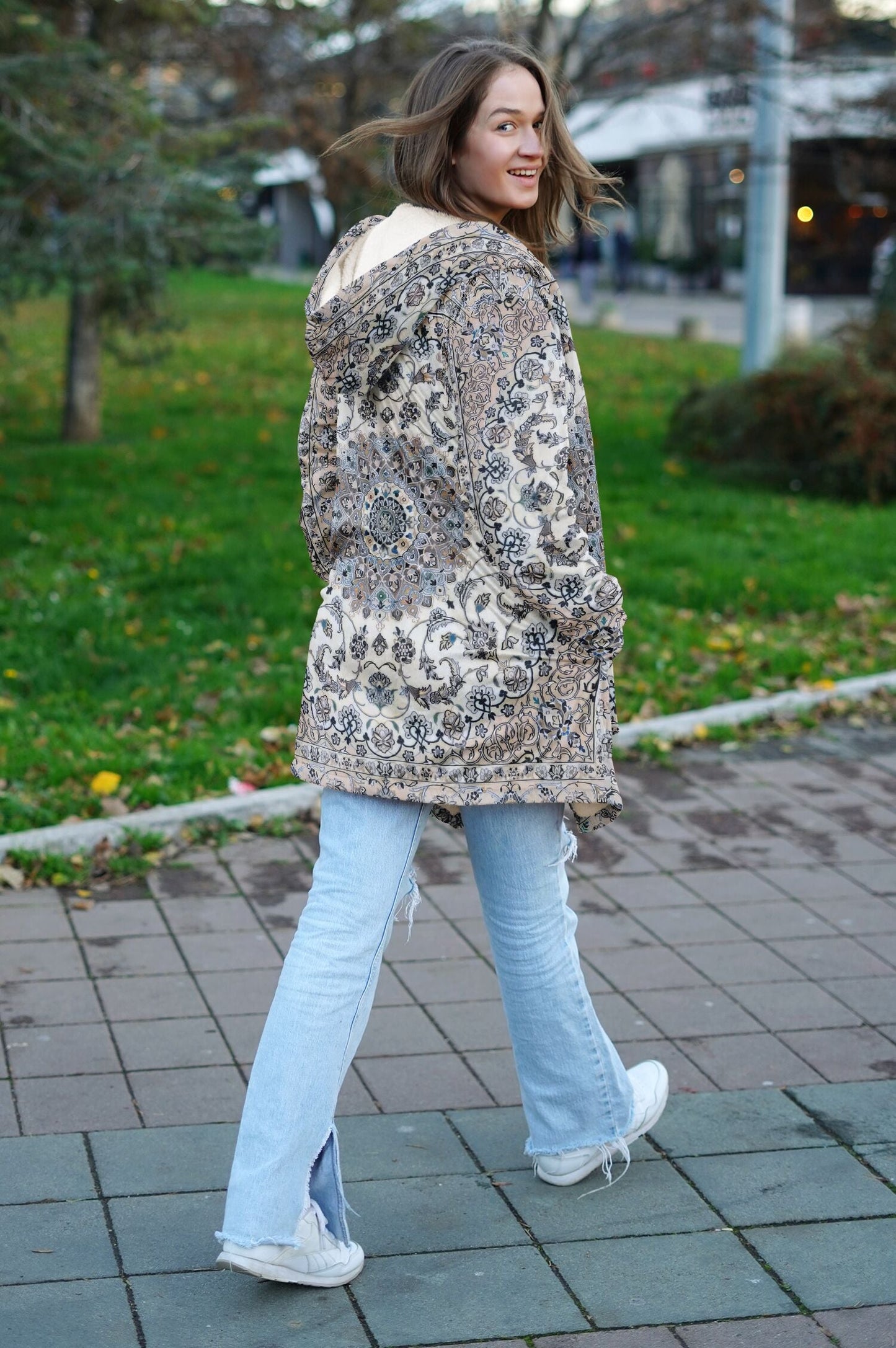 Classic Persian Carpet Cuddle Cloak | Nain, Cream and Soft Blue | Unisex Minky Sherpa Hooded Coat | Women and Mens Festival Coat | Mountain Fashion