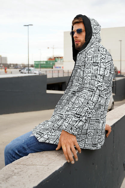 Zentangle Cuddle Cloak | Black White | Unisex Minky Sherpa Lined Hooded Coat | Women and Mens Festival Coat | Mountain Fashion