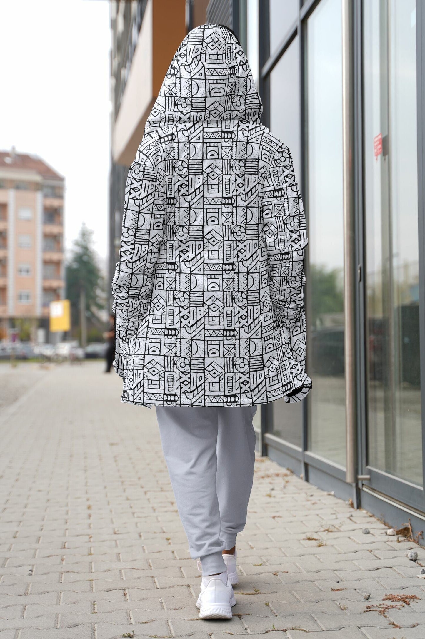 Zentangle Cuddle Cloak | Black White | Unisex Minky Sherpa Lined Hooded Coat | Women and Mens Festival Coat | Mountain Fashion