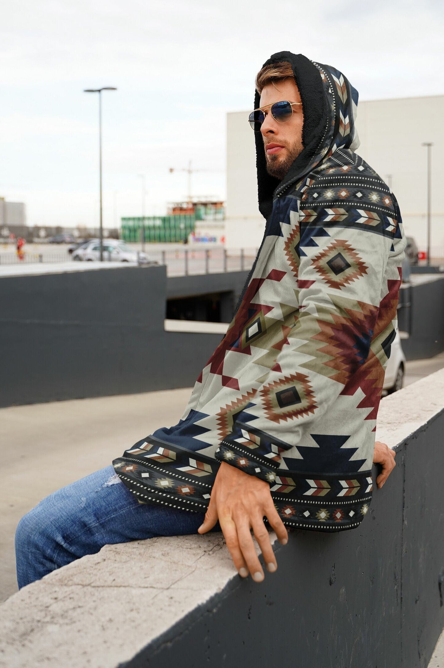 Izel Aztec Tribal Cloak | Unisex Minky Sherpa Lined Hooded Coat | Women and Mens Festival Coat | Mountain Fashion